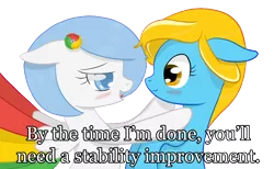 Size: 1504x926 | Tagged: safe, artist:xeirox, derpibooru import, edit, oc, oc:google chrome, oc:internet explorer, unofficial characters only, earth pony, pegasus, pony, blushing, browser ponies, caption, exploitable meme, female, google chrome, interchrome, interchrome meme, internet browser, internet explorer, lesbian, lesbian pony internet browsers, looking at each other, mare, oc x oc, shipping