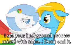 Size: 1504x926 | Tagged: safe, artist:xeirox, derpibooru import, edit, oc, oc:google chrome, oc:internet explorer, unofficial characters only, earth pony, pegasus, pony, blushing, browser ponies, caption, exploitable meme, female, google chrome, interchrome, interchrome meme, internet explorer, lesbian, lesbian pony internet browsers, looking at each other, mare, oc x oc, shipping