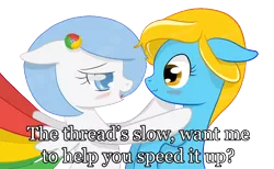 Size: 1504x926 | Tagged: safe, artist:xeirox, derpibooru import, edit, oc, oc:google chrome, oc:internet explorer, unofficial characters only, earth pony, pegasus, pony, blushing, browser ponies, caption, exploitable meme, female, google chrome, interchrome, interchrome meme, internet browser, internet explorer, lesbian, lesbian pony internet browsers, looking at each other, mare, oc x oc, shipping