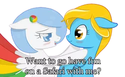 Size: 1504x926 | Tagged: safe, artist:xeirox, derpibooru import, edit, oc, oc:google chrome, oc:internet explorer, unofficial characters only, earth pony, pegasus, pony, blushing, browser ponies, caption, exploitable meme, female, google chrome, interchrome, interchrome meme, internet browser, internet explorer, lesbian, lesbian pony internet browsers, looking at each other, mare, oc x oc, safari, shipping