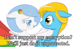 Size: 1504x926 | Tagged: suggestive, artist:xeirox, derpibooru import, edit, oc, oc:google chrome, oc:internet explorer, unofficial characters only, earth pony, pegasus, pony, blushing, browser ponies, caption, exploitable meme, female, google chrome, interchrome, interchrome meme, internet browser, internet explorer, lesbian, lesbian pony internet browsers, looking at each other, mare, shipping