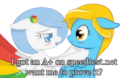Size: 1504x926 | Tagged: safe, artist:xeirox, derpibooru import, edit, oc, oc:google chrome, oc:internet explorer, unofficial characters only, earth pony, pegasus, pony, blushing, browser ponies, caption, exploitable meme, female, google chrome, interchrome, interchrome meme, internet browser, internet explorer, lesbian, lesbian pony internet browsers, looking at each other, mare, shipping