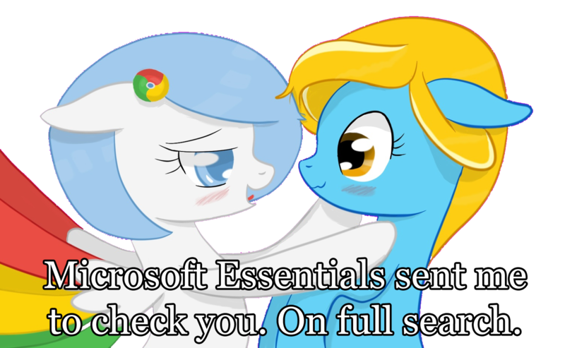 Size: 1504x926 | Tagged: safe, artist:xeirox, derpibooru import, edit, oc, oc:google chrome, oc:internet explorer, unofficial characters only, earth pony, pegasus, pony, blushing, browser ponies, caption, exploitable meme, female, google chrome, interchrome, interchrome meme, internet browser, internet explorer, lesbian, lesbian pony internet browsers, looking at each other, mare, shipping