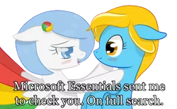 Size: 1504x926 | Tagged: safe, artist:xeirox, derpibooru import, edit, oc, oc:google chrome, oc:internet explorer, unofficial characters only, earth pony, pegasus, pony, blushing, browser ponies, caption, exploitable meme, female, google chrome, interchrome, interchrome meme, internet browser, internet explorer, lesbian, lesbian pony internet browsers, looking at each other, mare, shipping