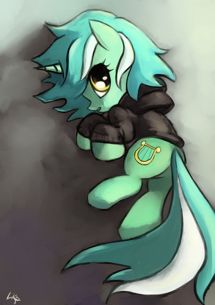 Size: 1200x1697 | Tagged: artist:paradoxbroken, clothes, fanfic:background pony, hoodie, lyra heartstrings, ponies wearing black, safe, solo