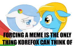 Size: 1504x926 | Tagged: safe, artist:xeirox, derpibooru import, edit, oc, oc:google chrome, oc:internet explorer, unofficial characters only, earth pony, pegasus, pony, blushing, browser ponies, caption, female, forced meme, google chrome, image macro, interchrome, internet browser, internet explorer, lesbian, lesbian pony internet browsers, looking at each other, mare, oc x oc, shipping