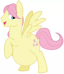 Size: 756x876 | Tagged: safe, derpibooru import, fluttershy, pegasus, pony, butterscotch, male, male pregnancy, open mouth, pregnant, pregnant edit, rearing, rule 63, show accurate, simple background, smiling, solo, white background
