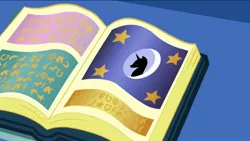 Size: 1136x640 | Tagged: book, derpibooru import, friendship is magic, mare in the moon, moon, open book, pony history, predictions and prophecies, safe, screencap, the stars will aid in her escape, wingdings, written equestrian
