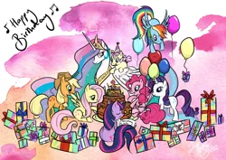 Size: 842x595 | Tagged: applejack, artist:bunnybrush, balloon, birthday, cake, derpibooru import, fluttershy, foal, mane six, oc, party, pinkie pie, princess celestia, rainbow dash, rarity, safe, twilight sparkle