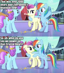 Size: 1280x1440 | Tagged: safe, derpibooru import, edit, edited screencap, screencap, fleur de verre, rainbow dash, sapphire joy, crystal pony, pegasus, pony, comic, female, fleur de dash, implied bisexual, lesbian, mare, shipping