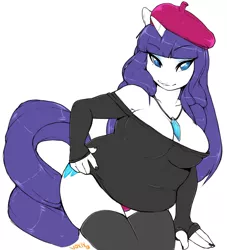 Size: 828x911 | Tagged: anthro, artist:niisbbb, beatnik rarity, belly, beret, breasts, busty rarity, chubby, cleavage, clothes, derpibooru import, edit, fat, fat edit, female, hat, nail polish, raritubby, rarity, stockings, suggestive, thigh highs