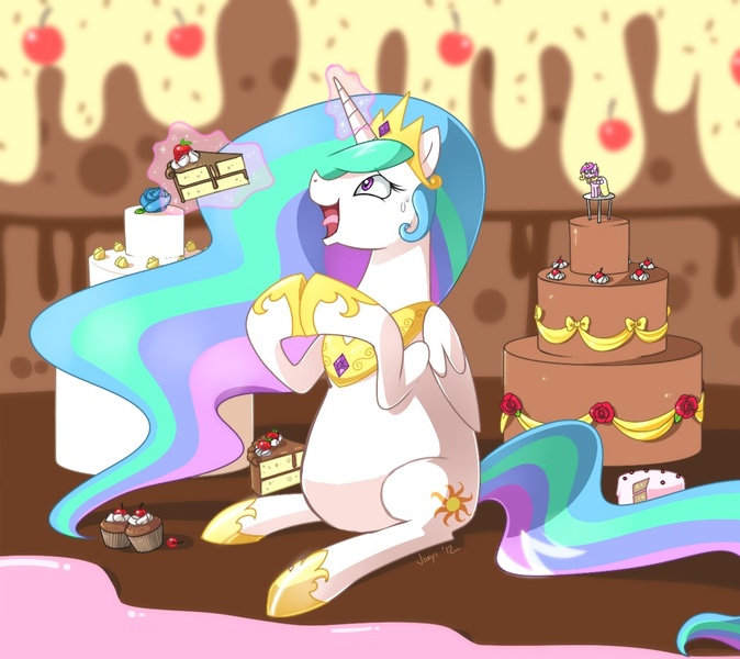 Size: 999x889 | Tagged: alicorn, artist:jiayi, big belly, cake, cakelestia, chubbylestia, eating, edit, fat, fat edit, food, magic, princess cadance, princess celestia, safe, solo