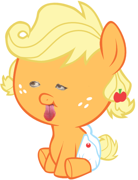 Size: 527x687 | Tagged: safe, derpibooru import, edit, applejack, babyjack, creepy, face edit, simple background, sitting, solo, tongue out, wat, why
