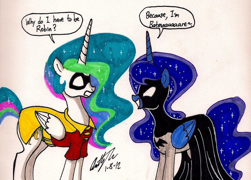 Size: 1492x1071 | Tagged: artist:newyorkx3, batman, clothes, costume, crossover, derpibooru import, dialogue, princess celestia, princess luna, robin, safe, traditional art