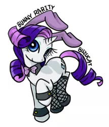 Size: 810x941 | Tagged: safe, artist:bunina, derpibooru import, rarity, pony, unicorn, bowtie, bunny ears, bunny suit, clothes, cute, female, fishnets, mare, playboy bunny, raribetes, signature, simple background, solo, text, white background
