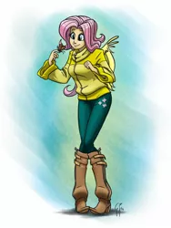 Size: 1200x1600 | Tagged: artist:glancojusticar, butterfly, clothes, cutie mark on clothes, fluttershy, human, humanized, safe, solo, sweater, sweatershy, winged humanization