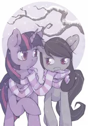 Size: 1054x1500 | Tagged: safe, artist:lonelycross, derpibooru import, octavia melody, twilight sparkle, earth pony, pony, unicorn, blushing, clothes, female, lesbian, looking at each other, raised hoof, scarf, shared clothing, shared scarf, shipping, smiling, snow, snowfall, tree, twitavia