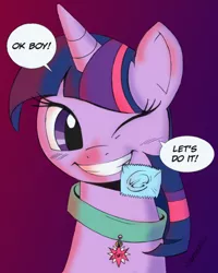 Size: 600x750 | Tagged: artist:siberwar, collar, colored, condom, condom in mouth, cutie mark, cutie mark collar, derpibooru import, mouth hold, pet tag, smiling, solo, suggestive, twilight sparkle