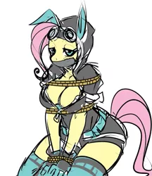 Size: 691x800 | Tagged: suggestive, artist:maniacpaint, derpibooru import, edit, fluttershy, anthro, big breasts, bondage, bound, breast bondage, breasts, bunny ears, busty fluttershy, cleavage, clothes, dangerous mission outfit, female, femsub, fluttersub, gag, gloves, goggles, hoodie, image, looking at you, png, rope, sexy, simple background, socks, solo, solo female, stockings, submissive, tape gag, thigh highs, white background, zipper