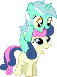 Size: 1413x1909 | Tagged: artist:artpwny, bon bon, bon bon is amused, cute, derpibooru import, duo, filly, lyra heartstrings, ponies riding ponies, safe, simple background, sweetie drops, transparent background, vector