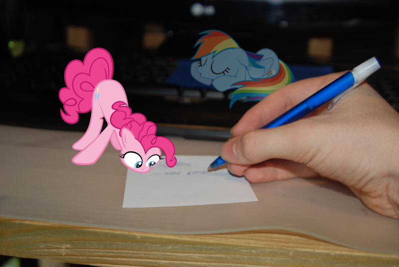 Size: 3872x2592 | Tagged: artist:bushinio, derpibooru import, hand, human, micro, paper, pen, pinkie pie, ponies in real life, rainbow dash, safe, sleeping, sleepydash, vector