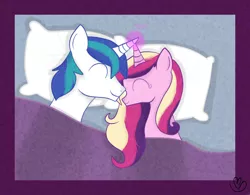 Size: 849x663 | Tagged: artist:balloons504, bed, derpibooru import, horns are touching, princess cadance, safe, shining armor