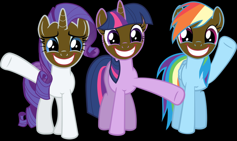 Size: 4188x2499 | Tagged: 1000 hours in ms paint, background pony strikes again, blackface, derpibooru import, lipstick, ms paint, racism, rainbow dash, rarity, safe, smiling, twilight sparkle