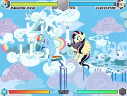 Size: 640x481 | Tagged: safe, derpibooru import, angel bunny, fluttershy, rainbow dash, pegasus, pony, rabbit, fighting is magic, cloud, cloudsdale, emoshy, female, flying, mare, palette swap, rainbow dash's house, recolor, sky