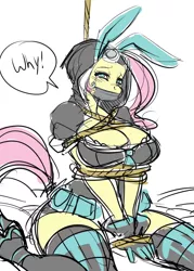 Size: 1076x1500 | Tagged: suggestive, artist:maniacpaint, derpibooru import, fluttershy, anthro, bondage, bound, breast bondage, breasts, bunny ears, busty fluttershy, cleavage, clothes, crying, dangerous mission outfit, female, femsub, fluttersub, gag, gloves, goggles, hoodie, image, jpeg, rope, sexy, solo, solo female, stockings, submissive, tape gag, zipper