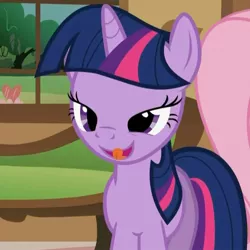 Size: 849x849 | Tagged: safe, derpibooru import, screencap, fluttershy, twilight sparkle, pony, unicorn, a bird in the hoof, bedroom eyes, bueno, female, licking, licking lips, lidded eyes, looking at you, mare, open mouth, out of context, smiling, solo focus, tongue out, unicorn twilight