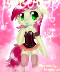 Size: 500x600 | Tagged: safe, artist:marinakirby, derpibooru import, roseluck, pony, 30 minute art challenge, bipedal, candy, clothes, dress, food, lollipop, socks, solo