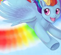 Size: 730x660 | Tagged: artist:laurenmagpie, derpibooru import, flying, happy, rainbow dash, safe, sonic rainboom