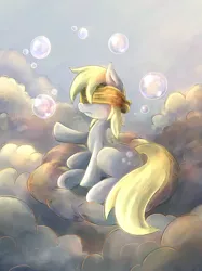 Size: 1250x1667 | Tagged: safe, artist:whitelightningbolt, derpibooru import, derpy hooves, pegasus, pony, blindfold, cloud, cloudy, female, mare, solo, this will end in tears