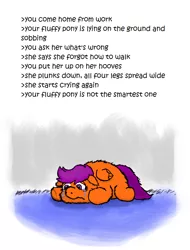 Size: 588x772 | Tagged: artist:mr tiggly the wiggly walnut, crying, derpibooru import, fluffy pony, safe, scootaloo, stupidity, text