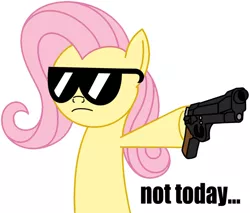 Size: 704x600 | Tagged: asdfmovie, beretta, colored, derpibooru import, flutterbadass, fluttershy, gun, not today, pistol, safe, sunglasses