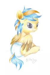 Size: 900x1349 | Tagged: safe, artist:starsong, derpibooru import, oc, oc:soft cloud, unofficial characters only, pony, a world renewed, baby, baby pony, diaper, filly, foal, solo