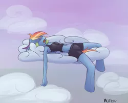 Size: 1126x907 | Tagged: anthro, armpits, artist:alasou, belly button, clothes, cloud, cloudy, derpibooru import, eyes closed, rainbow dash, safe, shirt, shorts, skinny, sleeping, solo