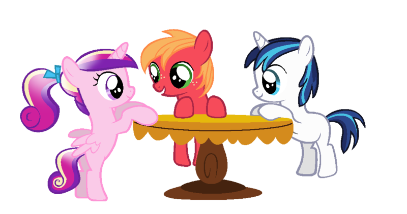 Size: 1118x590 | Tagged: safe, artist:xanikrawlerlazarx, derpibooru import, big macintosh, princess cadance, shining armor, earth pony, pony, colt, filly, male, stallion, table