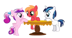 Size: 1118x590 | Tagged: safe, artist:xanikrawlerlazarx, derpibooru import, big macintosh, princess cadance, shining armor, earth pony, pony, colt, filly, male, stallion, table