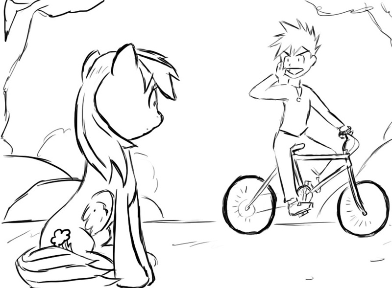 Size: 894x658 | Tagged: artist:hipster-ponies, artist:ieb, bicycle, crossover, derpibooru import, gary motherfucking oak, gary oak, grayscale, human, monochrome, nintendo, pokémon, rainbow dash, safe, sketch