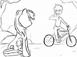 Size: 894x658 | Tagged: artist:hipster-ponies, artist:ieb, bicycle, crossover, derpibooru import, gary motherfucking oak, gary oak, grayscale, human, monochrome, nintendo, pokémon, rainbow dash, safe, sketch