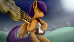 Size: 1600x900 | Tagged: safe, artist:firenze, derpibooru import, scootaloo, pegasus, pony, bass guitar, crying, eyes closed, guitar, hoof hold, musical instrument, night, playing instrument, scootabass, scootalone, sitting, solo