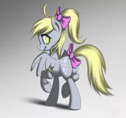Size: 2360x2216 | Tagged: safe, artist:sy-vs, derpibooru import, derpy hooves, pegasus, pony, alternate hairstyle, bow, cute, female, hooves, looking back, mare, plot, ponytail, rear view, simple background, solo, tail bow, underhoof