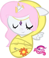 Size: 800x942 | Tagged: safe, artist:atnezau, derpibooru import, princess celestia, pony, baby, baby blanket, baby celestia, baby pony, blanket, crown, cute, dawwww, foal, happy baby, jewelry, newborn, newborn baby, regalia, safety pin, sleeping, sleeping baby, solo, sun, swaddled, swaddled baby, wrapped snugly