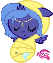Size: 800x942 | Tagged: safe, artist:atnezau, derpibooru import, princess luna, pony, baby, baby blanket, baby luna, baby pony, blanket, crown, cute, dawwww, female, filly, foal, happy baby, jewelry, moon, newborn, newborn baby, regalia, safety pin, sleeping, sleeping baby, small wings, solo, spread wings, swaddled, swaddled baby, wings, woona, wrapped snugly, younger