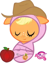 Size: 800x1038 | Tagged: safe, artist:atnezau, derpibooru import, applejack, pony, apple, baby, baby blanket, baby pony, babyjack, blanket, cute, dawwww, element of honesty, foal, happy baby, newborn, newborn baby, obligatory apple, safety pin, sleeping, sleeping baby, swaddled, swaddled baby, wrapped snugly