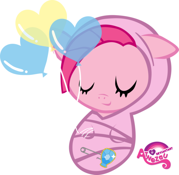 Size: 900x876 | Tagged: safe, artist:atnezau, derpibooru import, pinkie pie, pony, baby, baby blanket, baby pony, balloon, blanket, cute, dawwww, element of laughter, eyes closed, foal, happy baby, newborn, newborn baby, safety pin, sleeping, sleeping baby, smiling, swaddled, swaddled baby, wrapped snugly