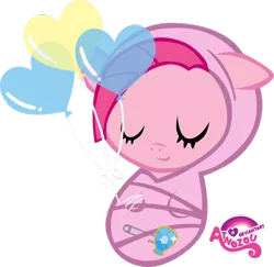 Size: 900x876 | Tagged: safe, artist:atnezau, derpibooru import, pinkie pie, pony, baby, baby blanket, baby pony, balloon, blanket, cute, dawwww, element of laughter, eyes closed, foal, happy baby, newborn, newborn baby, safety pin, sleeping, sleeping baby, smiling, swaddled, swaddled baby, wrapped snugly