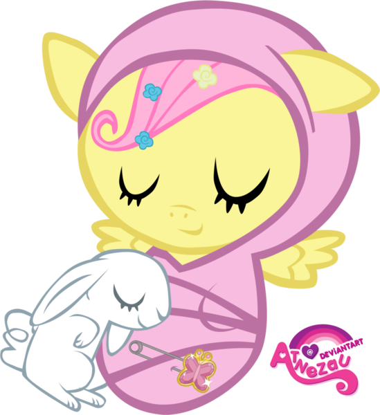 Size: 900x983 | Tagged: safe, artist:atnezau, derpibooru import, fluttershy, pony, rabbit, baby, baby blanket, baby fluttershy, baby pony, babyshy, blanket, cute, dawwww, element of kindness, eyes closed, floppy ears, foal, happy baby, newborn, newborn baby, safety pin, simple background, sleeping, sleeping baby, smiling, solo, swaddled, swaddled baby, transparent background, wrapped snugly, younger