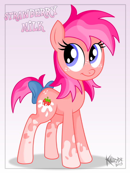 Size: 1713x2284 | Tagged: artist:killryde, bow, derpibooru import, freckles, oc, oc:strawberry milk, safe, solo, tail bow, unofficial characters only